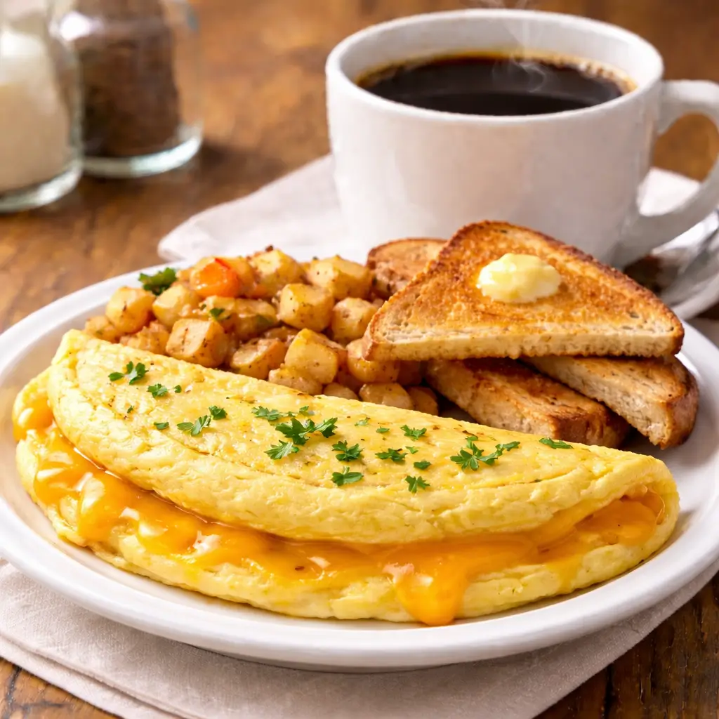 Cheese Omelette Home Fries Toast Coffee Combo at Ally’s Comfort Café in Davie, FL