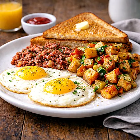 2 Eggs Corned Beef Hash Home Fries Toast at Ally’s Comfort Café in Davie, FL
