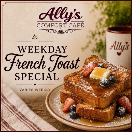 Weekday French Toast Special at Ally’s Comfort Café with syrup, butter, strawberries, and blueberries
