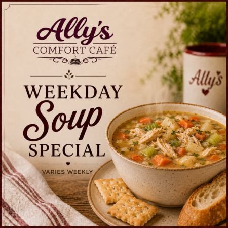 Weekday Soup Special at Ally’s Comfort Café with homemade soup, crackers, and bread